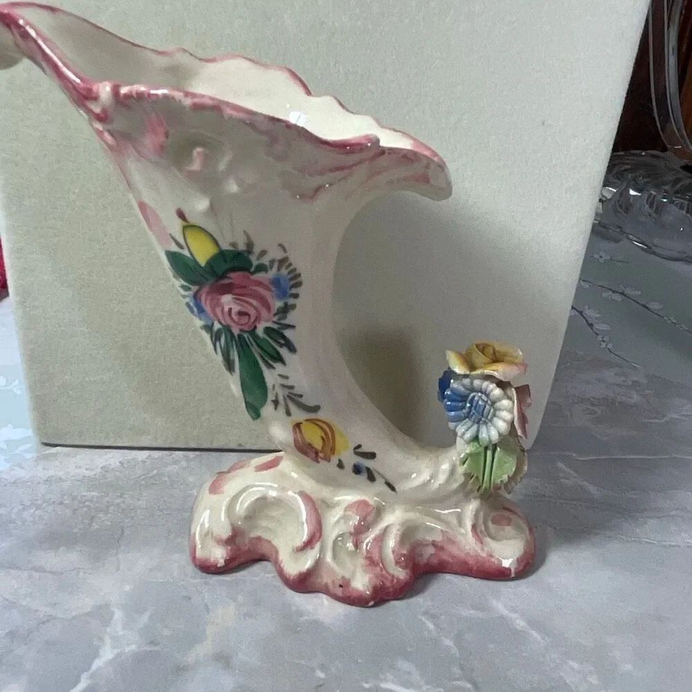 Vintage Italian ceramic cornucopia vase applied flowers hand painted.